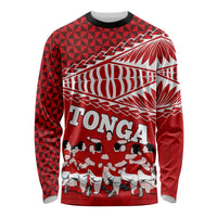 Tonga Rugby Long Sleeve Shirt Sipi Tau Dance Ngatu Pattern LT03 Unisex Red - Polynesian Pride