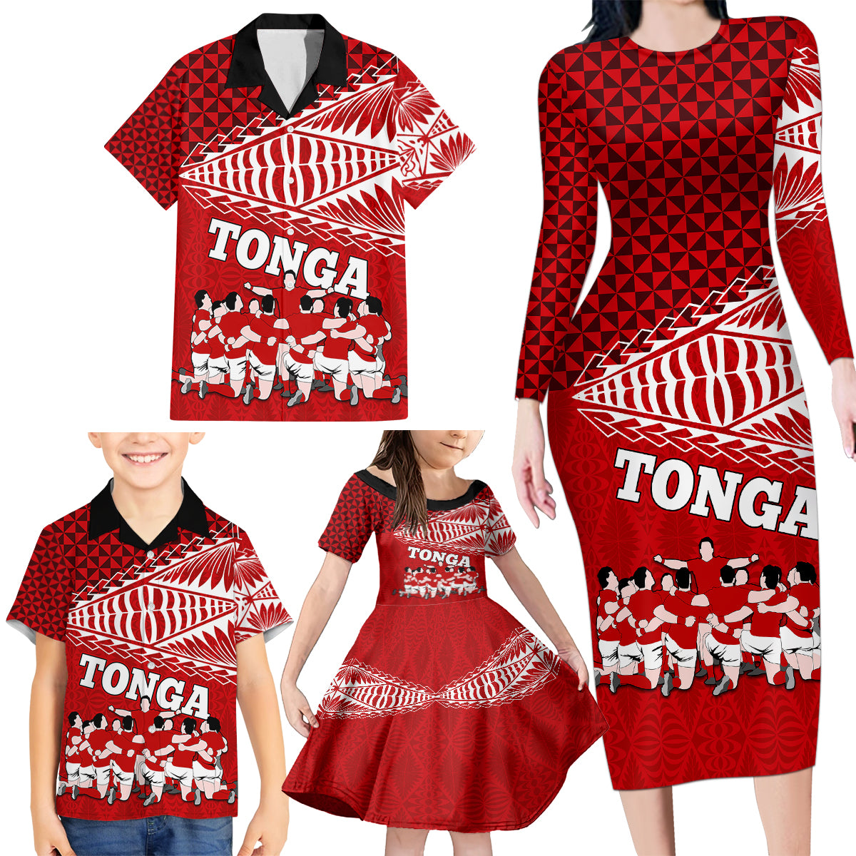 Personalised Tonga Rugby Family Matching Long Sleeve Bodycon Dress and Hawaiian Shirt Sipi Tau Dance Ngatu Pattern LT03 - Polynesian Pride