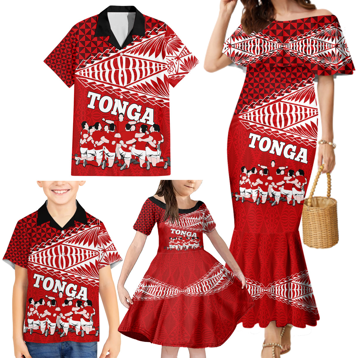 Personalised Tonga Rugby Family Matching Mermaid Dress and Hawaiian Shirt Sipi Tau Dance Ngatu Pattern LT03 - Polynesian Pride