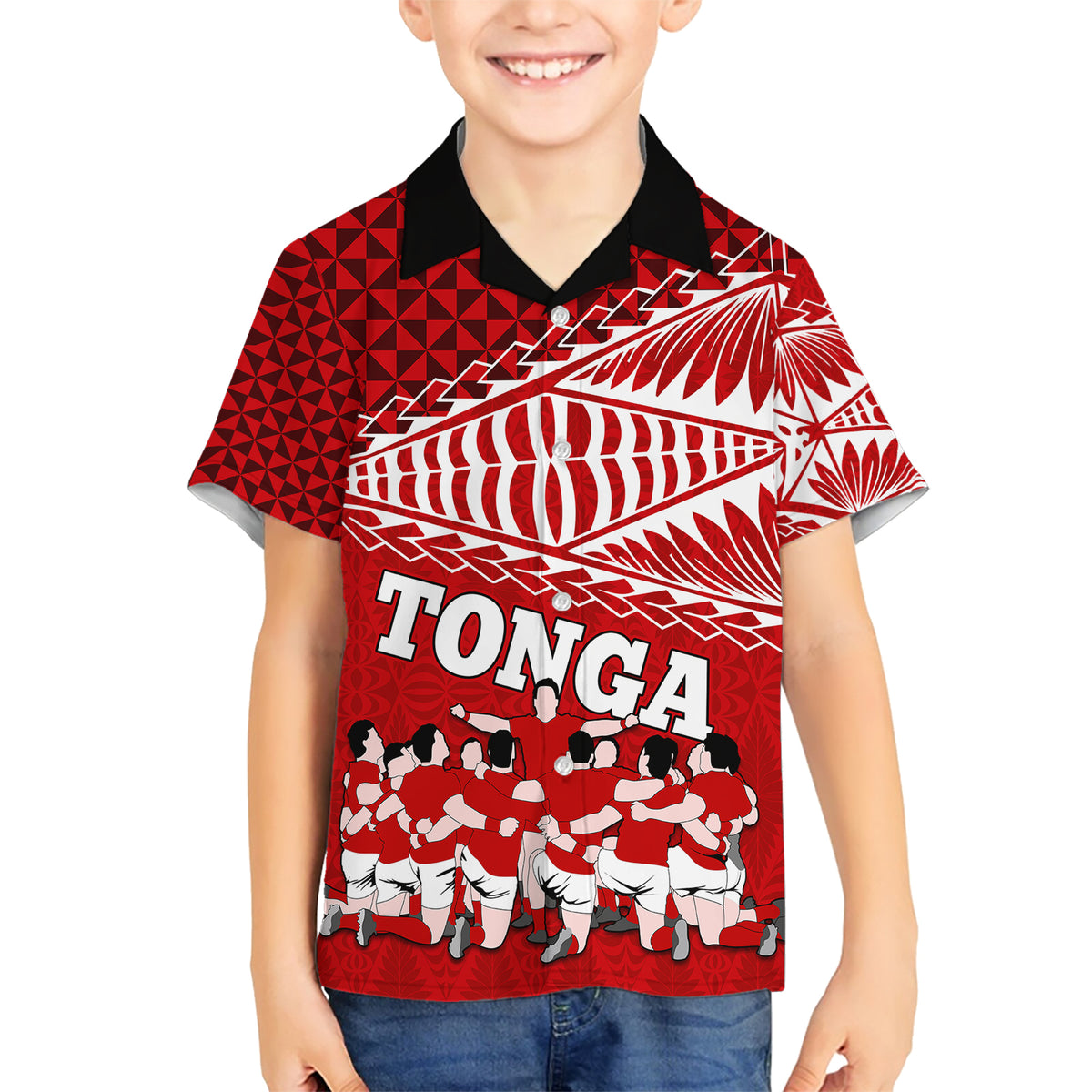 Personalised Tonga Rugby Family Matching Short Sleeve Bodycon Dress and Hawaiian Shirt Sipi Tau Dance Ngatu Pattern LT03 Son's Shirt Red - Polynesian Pride