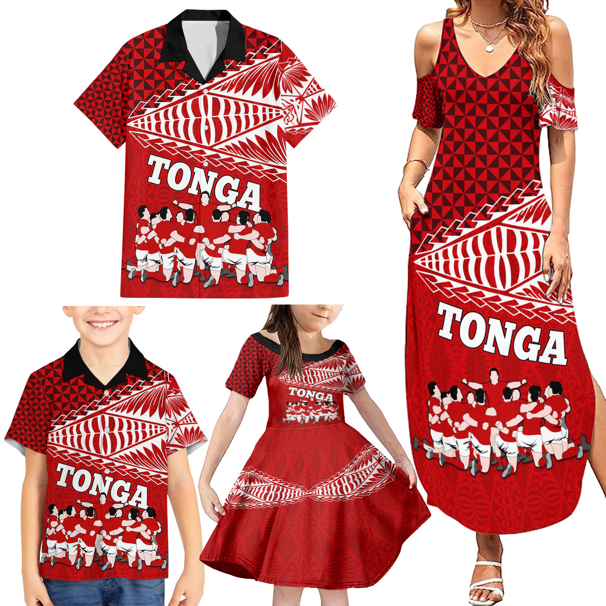 Personalised Tonga Rugby Family Matching Summer Maxi Dress and Hawaiian Shirt Sipi Tau Dance Ngatu Pattern LT03 - Polynesian Pride