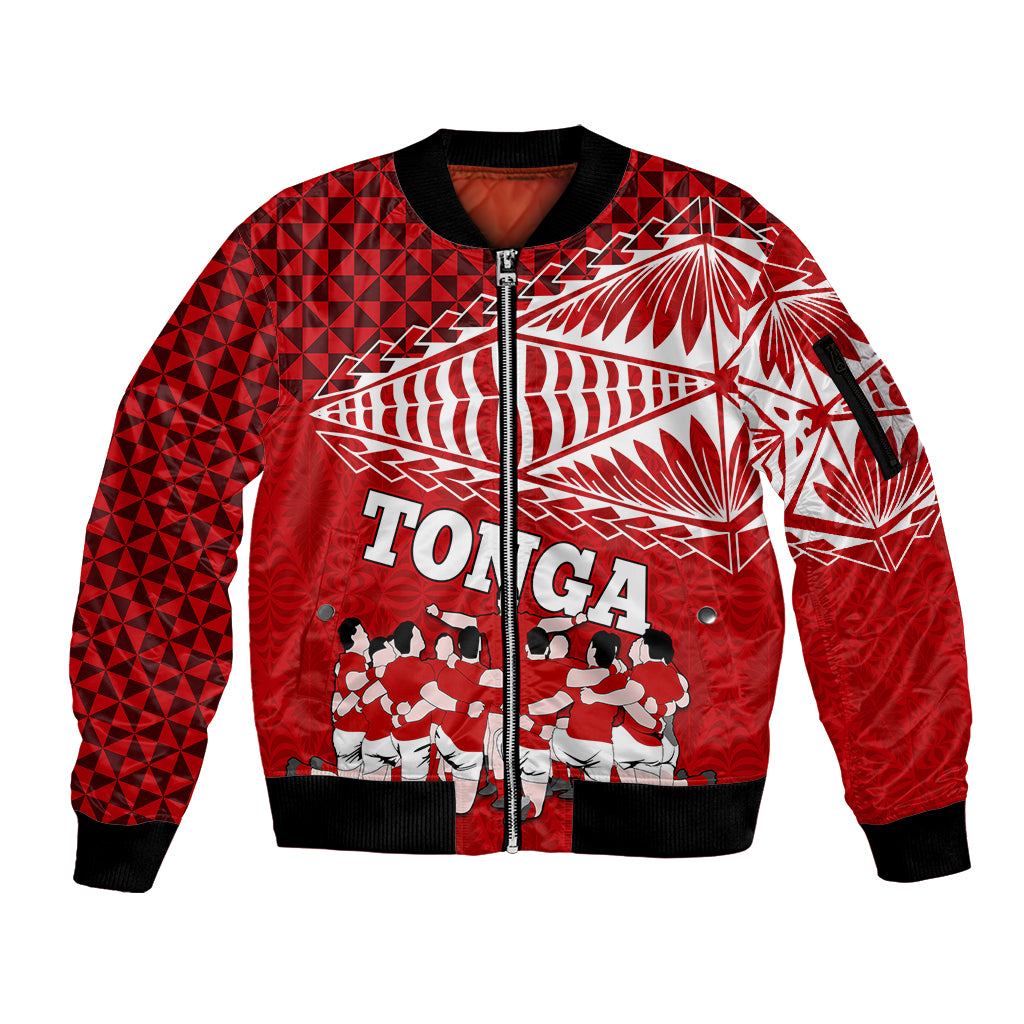 Personalised Tonga Rugby Sleeve Zip Bomber Jacket Sipi Tau Dance Ngatu Pattern LT03 Unisex Red - Polynesian Pride