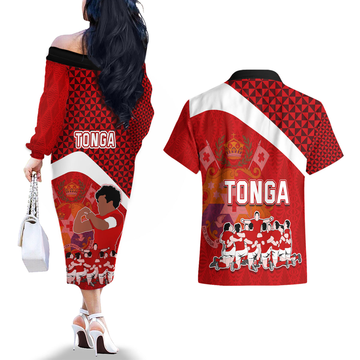 tonga-rugby-couples-matching-off-the-shoulder-long-sleeve-dress-and-hawaiian-shirt-sipi-tau-dance-coat-of-arms-ngatu-pattern