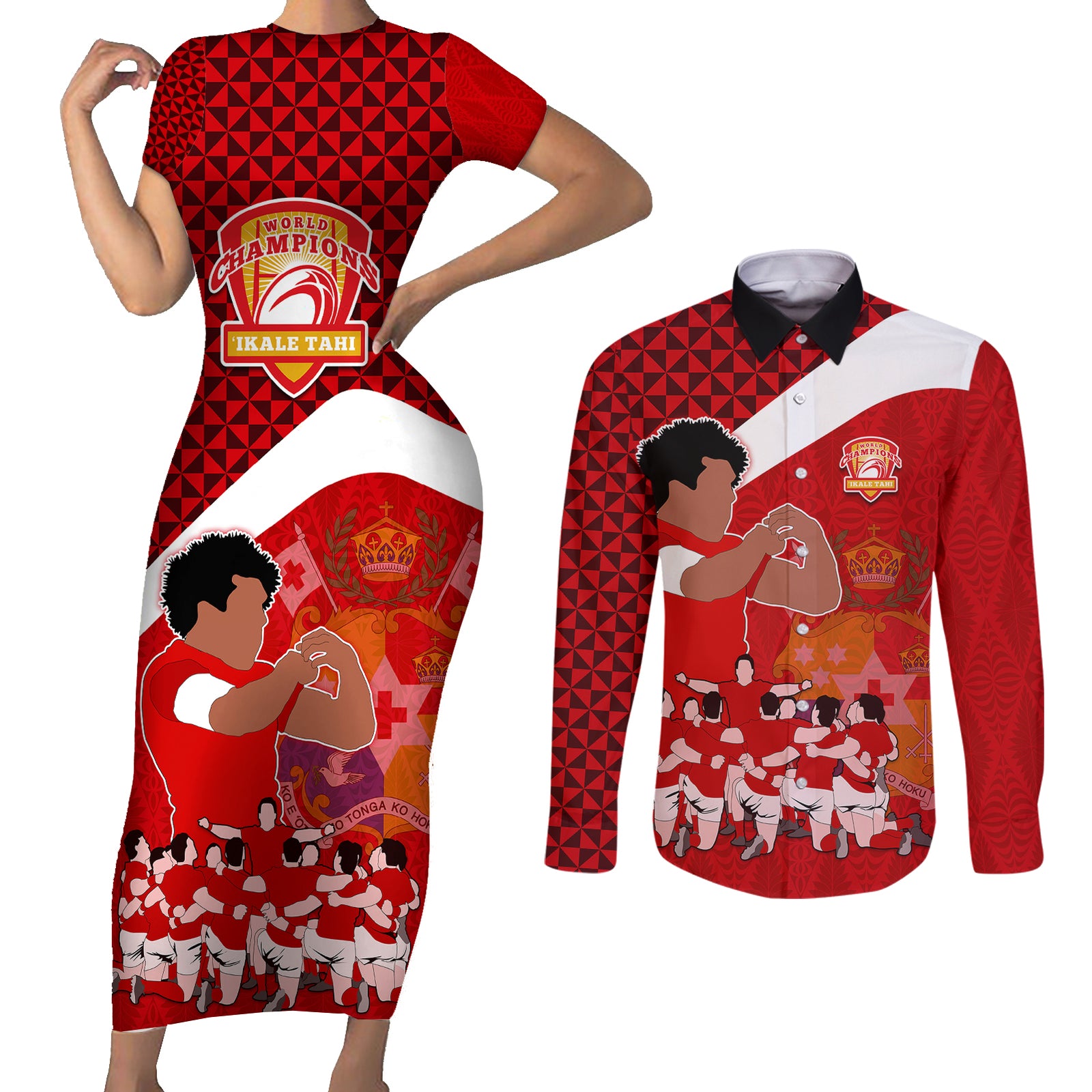 tonga-rugby-couples-matching-short-sleeve-bodycon-dress-and-long-sleeve-button-shirts-sipi-tau-dance-coat-of-arms-ngatu-pattern