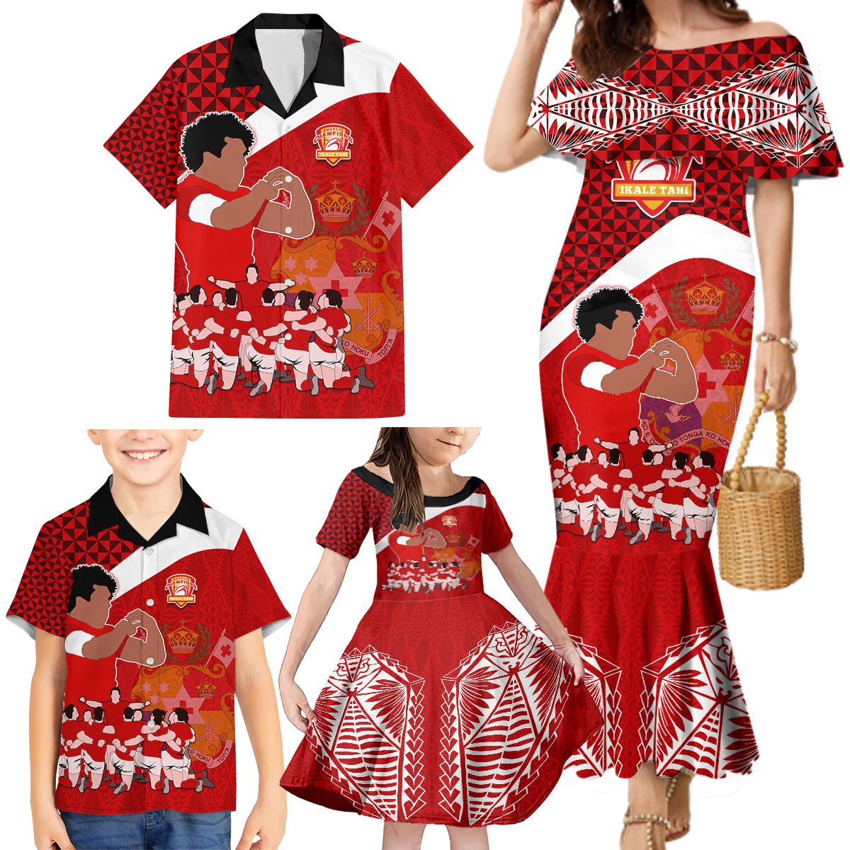 Tonga Rugby Family Matching Mermaid Dress and Hawaiian Shirt Sipi Tau Dance Coat of Arms Ngatu Pattern LT03 - Polynesian Pride