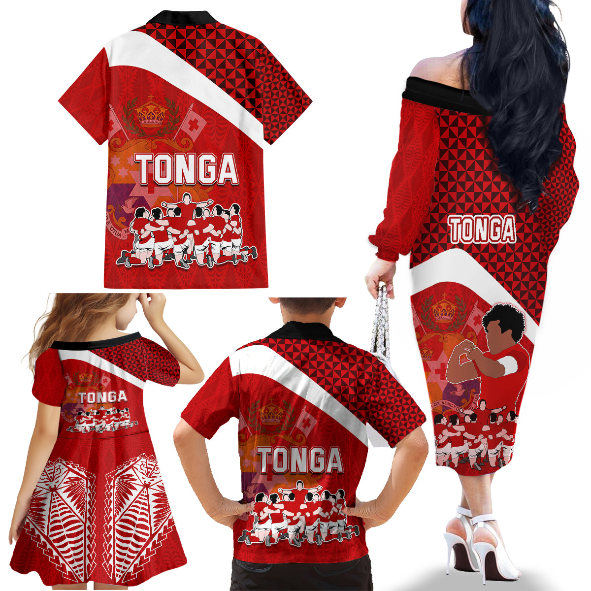 Tonga Rugby Family Matching Off Shoulder Long Sleeve Dress and Hawaiian Shirt Sipi Tau Dance Coat of Arms Ngatu Pattern LT03 - Polynesian Pride