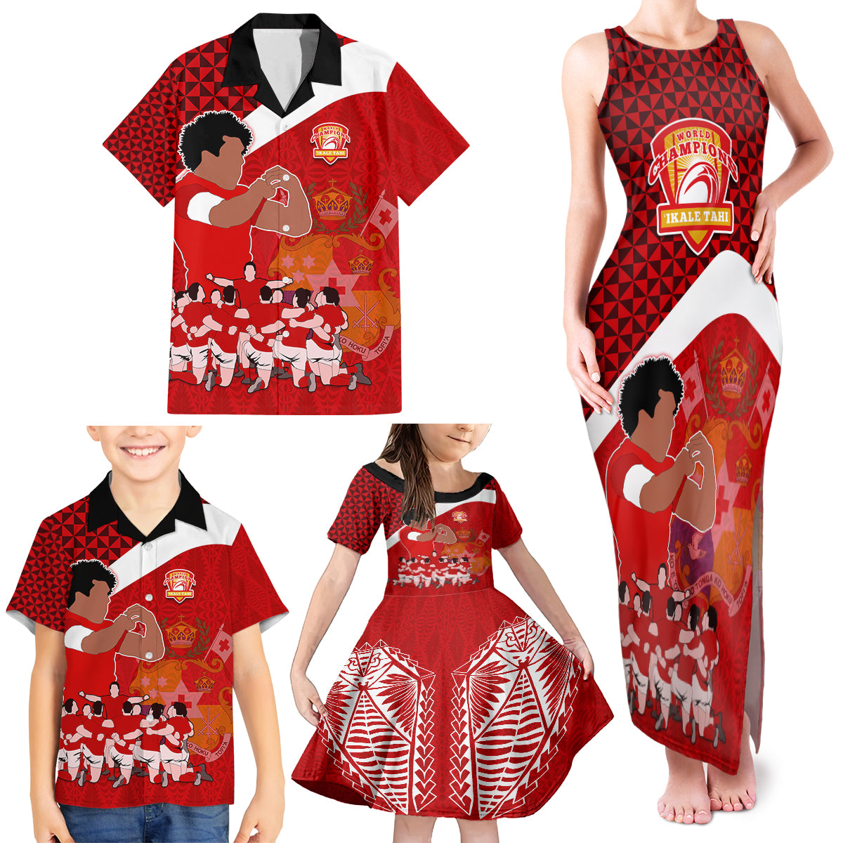 Tonga Rugby Family Matching Tank Maxi Dress and Hawaiian Shirt Sipi Tau Dance Coat of Arms Ngatu Pattern LT03 - Polynesian Pride