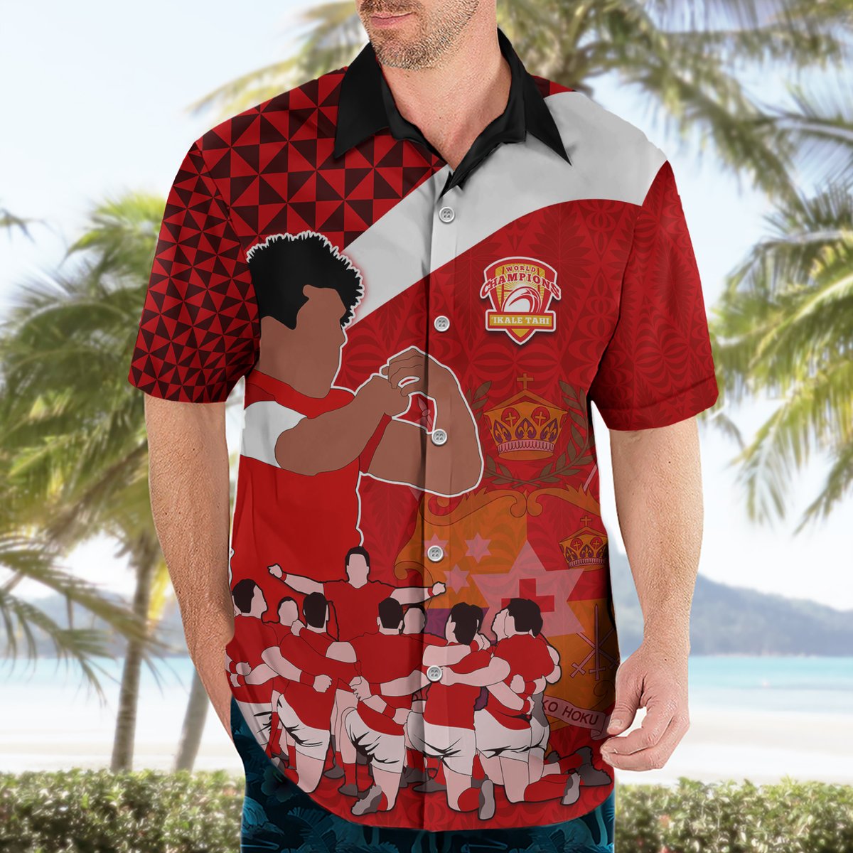 Tonga Rugby Hawaiian Shirt Sipi Tau Dance Coat of Arms Ngatu Pattern LT03 - Polynesian Pride