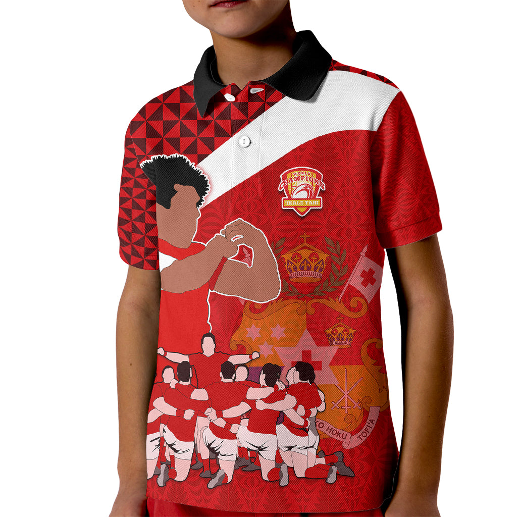 Tonga Rugby Kid Polo Shirt Sipi Tau Dance Coat of Arms Ngatu Pattern LT03 Kid Red - Polynesian Pride