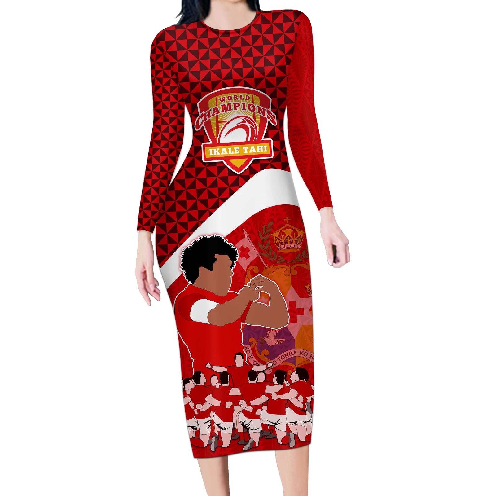 tonga-rugby-long-sleeve-bodycon-dress-sipi-tau-dance-coat-of-arms-ngatu-pattern