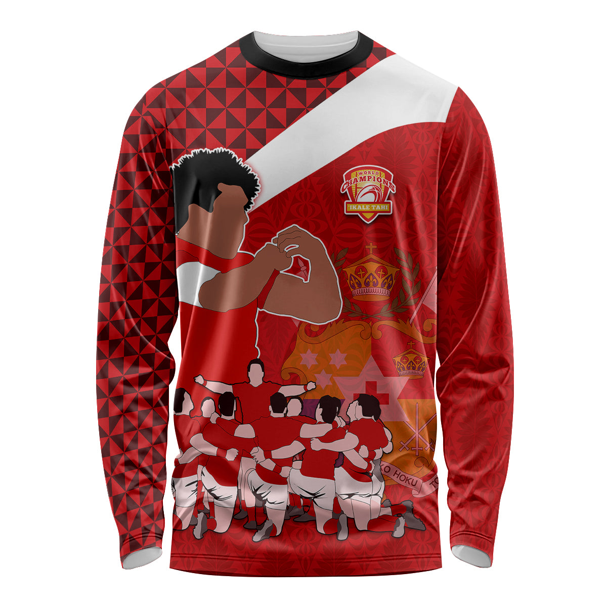 Tonga Rugby Long Sleeve Shirt Sipi Tau Dance Coat of Arms Ngatu Pattern LT03 Unisex Red - Polynesian Pride