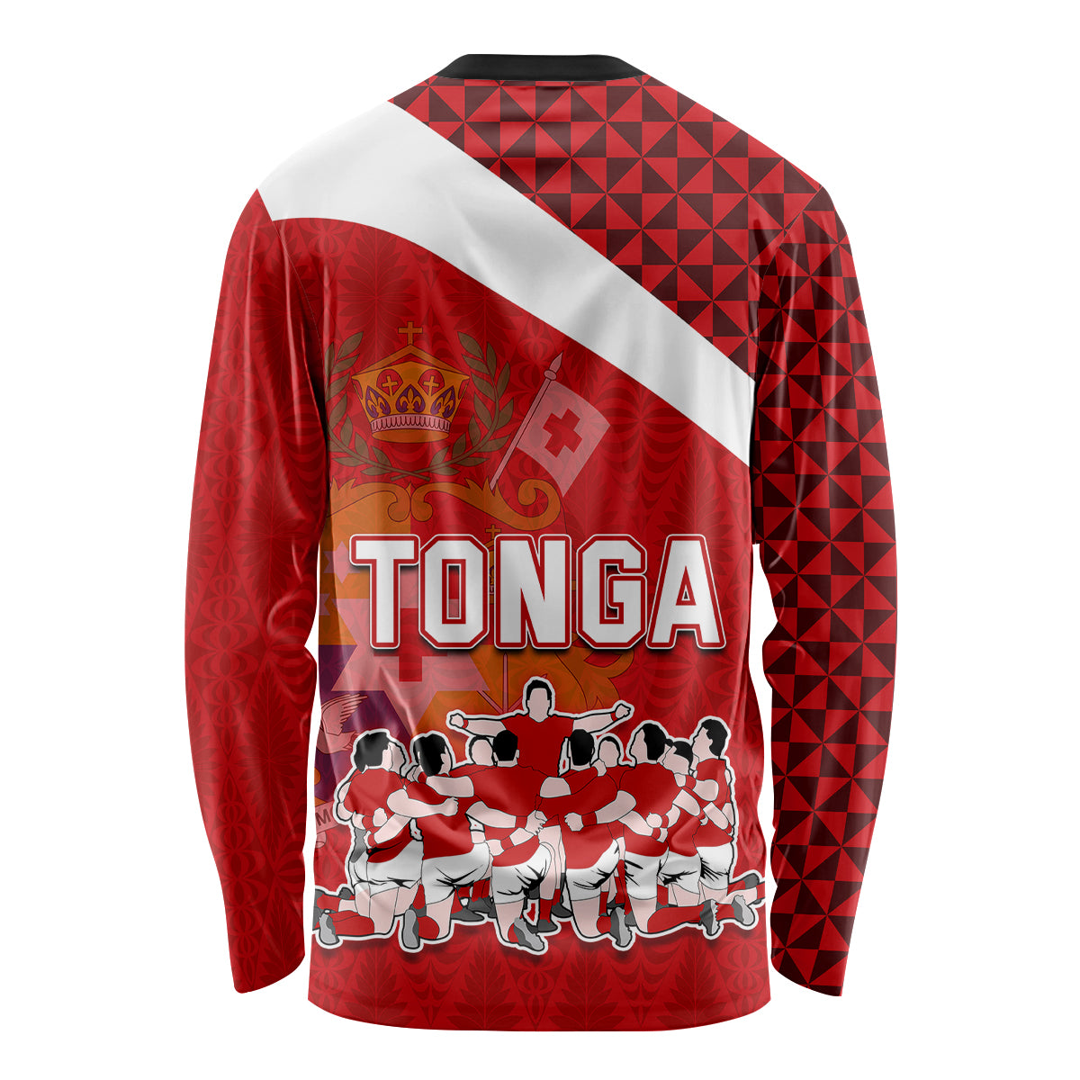 Tonga Rugby Long Sleeve Shirt Sipi Tau Dance Coat of Arms Ngatu Pattern LT03 - Polynesian Pride