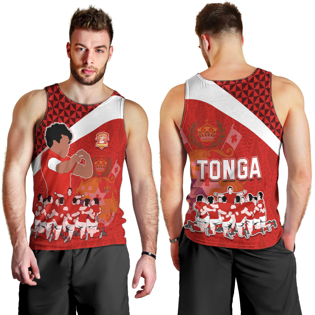Tonga Rugby Men Tank Top Sipi Tau Dance Coat of Arms Ngatu Pattern LT03 - Polynesian Pride