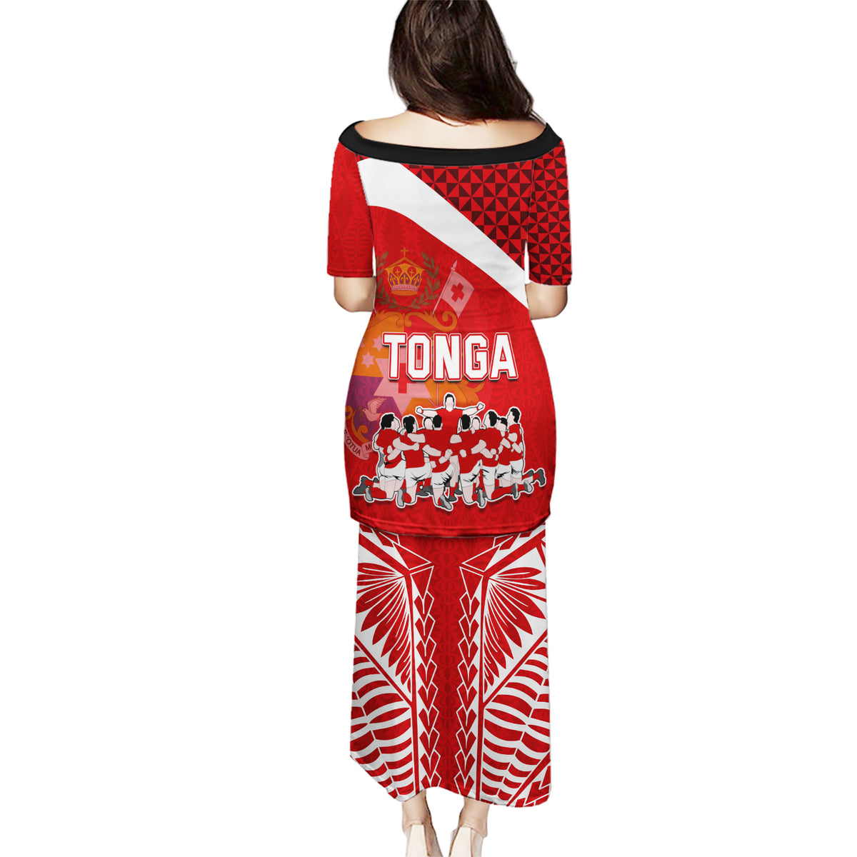Tonga Rugby Puletasi Sipi Tau Dance Coat of Arms Ngatu Pattern LT03 - Polynesian Pride