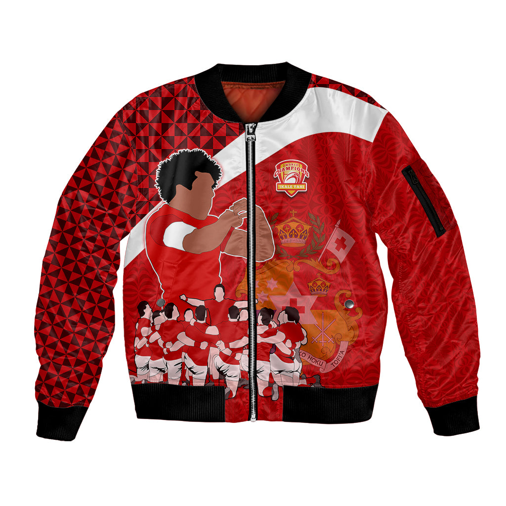 Tonga Rugby Sleeve Zip Bomber Jacket Sipi Tau Dance Coat of Arms Ngatu Pattern LT03 Unisex Red - Polynesian Pride