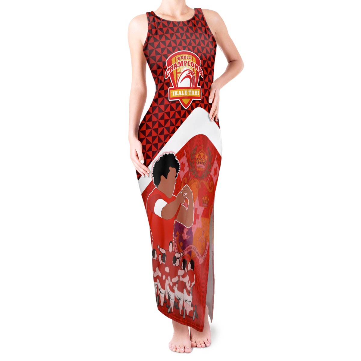 Tonga Rugby Tank Maxi Dress Sipi Tau Dance Coat of Arms Ngatu Pattern LT03 Women Red - Polynesian Pride