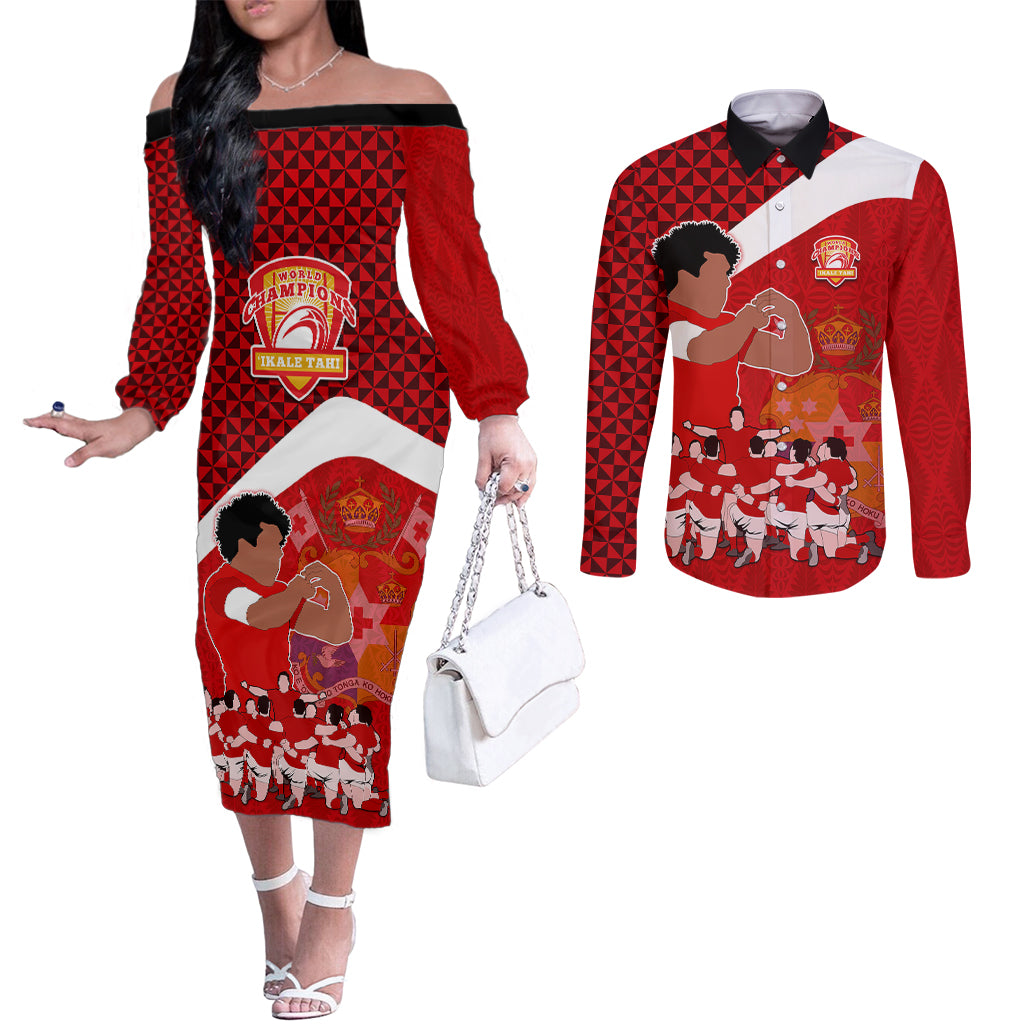 personalised-tonga-rugby-couples-matching-off-the-shoulder-long-sleeve-dress-and-long-sleeve-button-shirts-sipi-tau-dance-coat-of-arms-ngatu-pattern