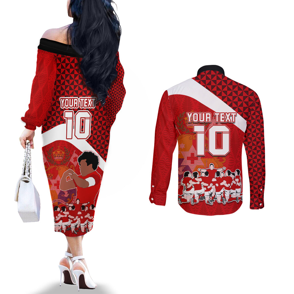 personalised-tonga-rugby-couples-matching-off-the-shoulder-long-sleeve-dress-and-long-sleeve-button-shirts-sipi-tau-dance-coat-of-arms-ngatu-pattern