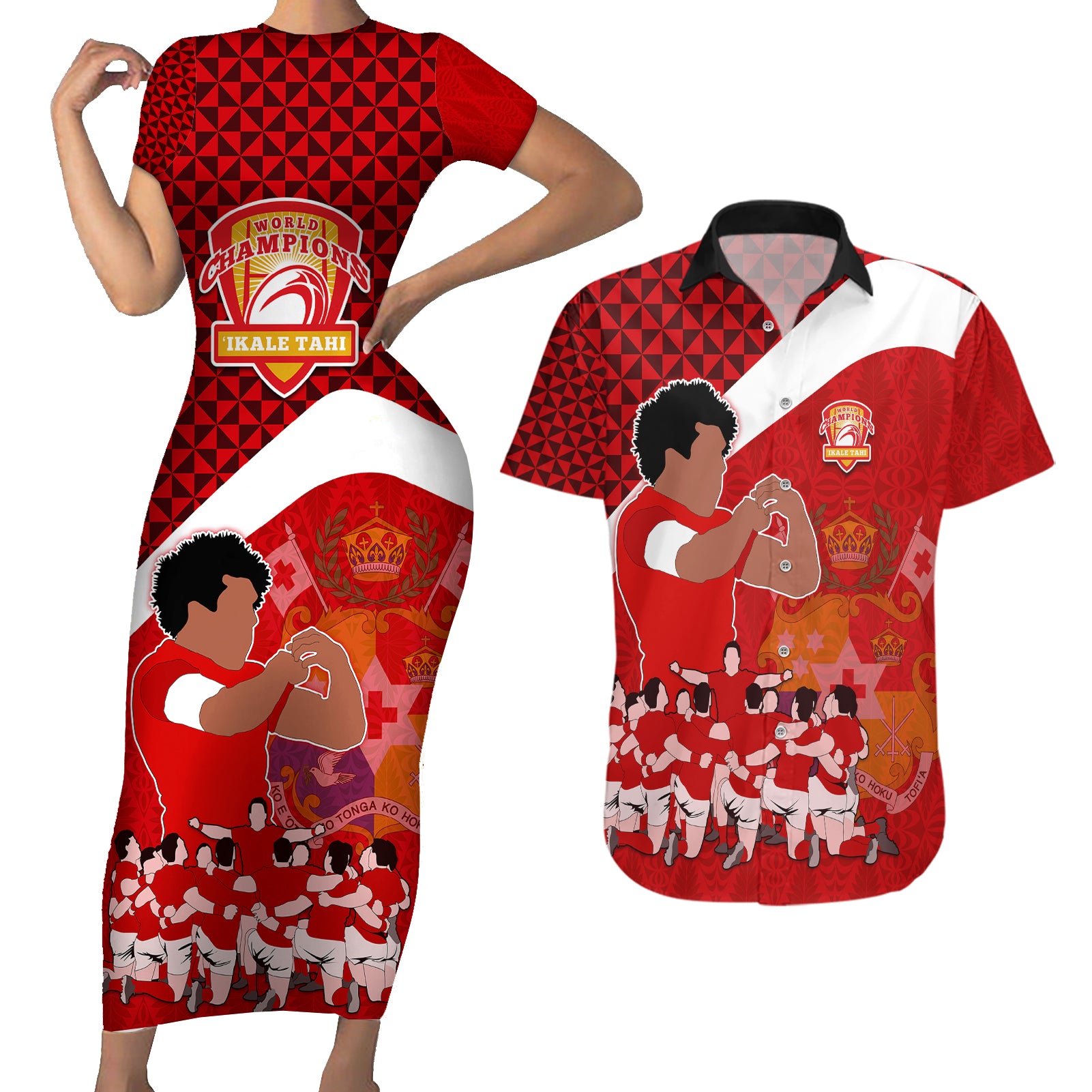 personalised-tonga-rugby-couples-matching-short-sleeve-bodycon-dress-and-hawaiian-shirt-sipi-tau-dance-coat-of-arms-ngatu-pattern