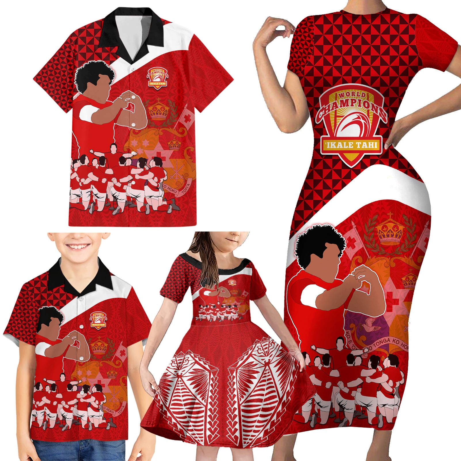 Personalised Tonga Rugby Family Matching Short Sleeve Bodycon Dress and Hawaiian Shirt Sipi Tau Dance Coat of Arms Ngatu Pattern LT03 - Polynesian Pride