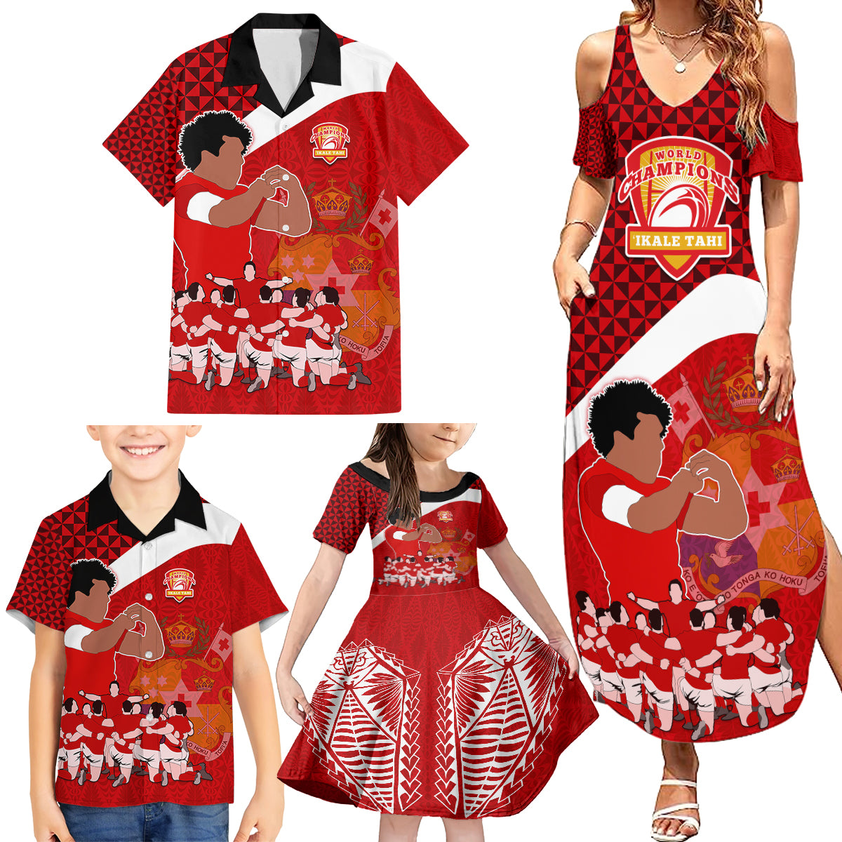 Personalised Tonga Rugby Family Matching Summer Maxi Dress and Hawaiian Shirt Sipi Tau Dance Coat of Arms Ngatu Pattern LT03 - Polynesian Pride