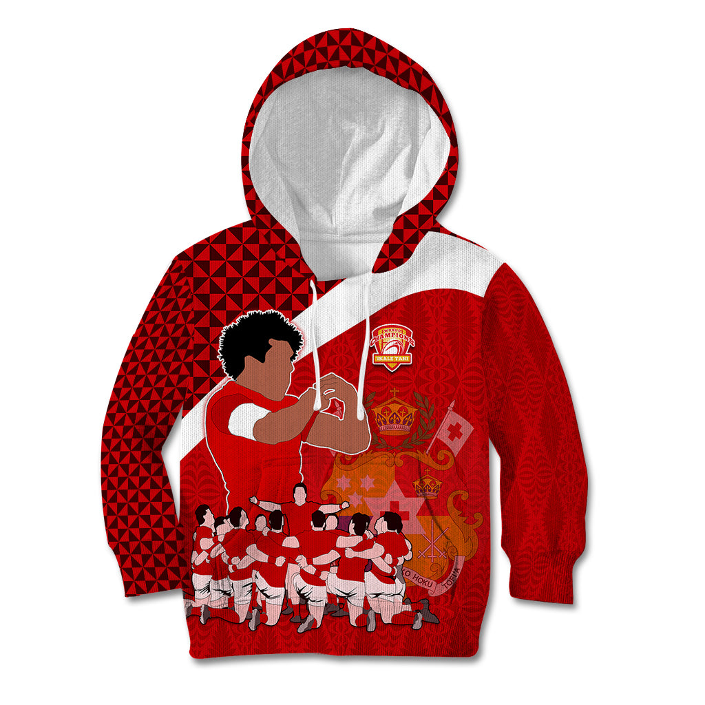 Personalised Tonga Rugby Kid Hoodie Sipi Tau Dance Coat of Arms Ngatu Pattern LT03 Hoodie Red - Polynesian Pride