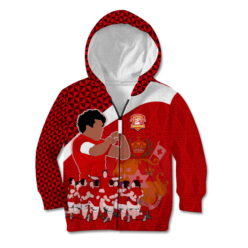 Personalised Tonga Rugby Kid Hoodie Sipi Tau Dance Coat of Arms Ngatu Pattern LT03 Zip Hoodie Red - Polynesian Pride