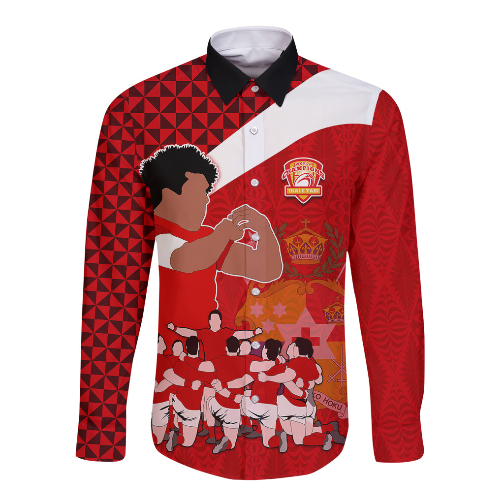 personalised-tonga-rugby-long-sleeve-button-shirt-sipi-tau-dance-coat-of-arms-ngatu-pattern