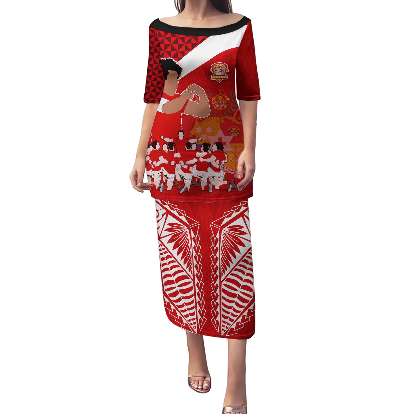 Personalised Tonga Rugby Puletasi Sipi Tau Dance Coat of Arms Ngatu Pattern LT03 Long Dress Red - Polynesian Pride