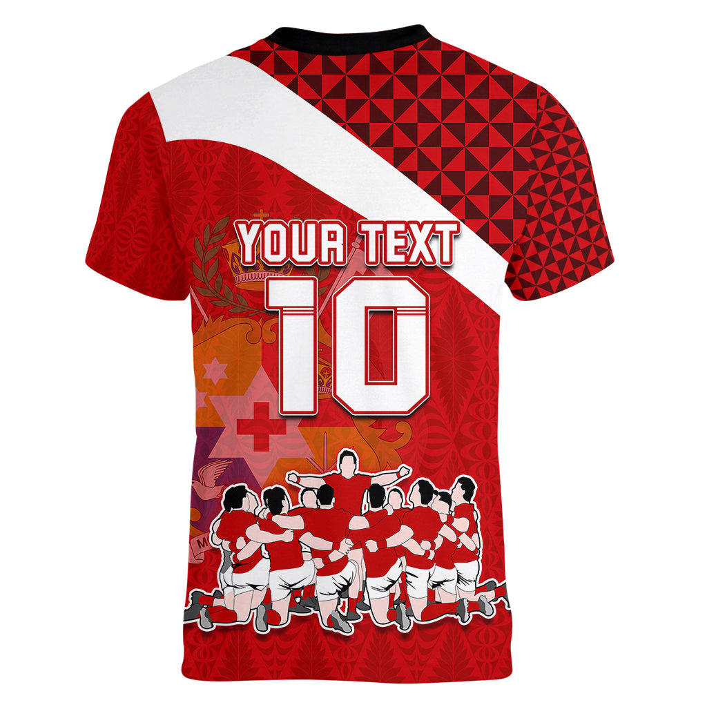personalised-tonga-rugby-women-v-neck-t-shirt-sipi-tau-dance-coat-of-arms-ngatu-pattern