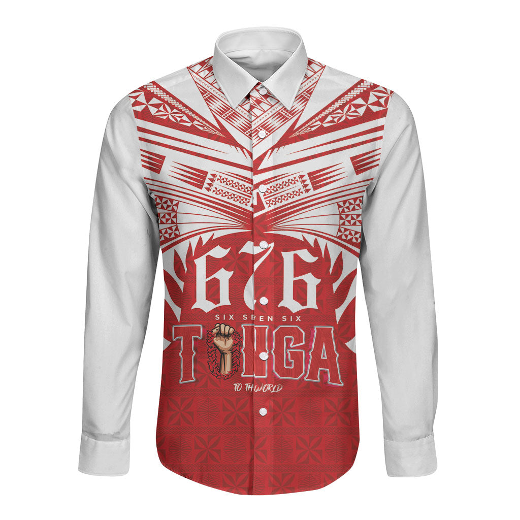 Tonga Rugby Custom Long Sleeve Button Shirt Sipi Tau - Six Seven Six to the World LT03 Unisex Red - Polynesian Pride