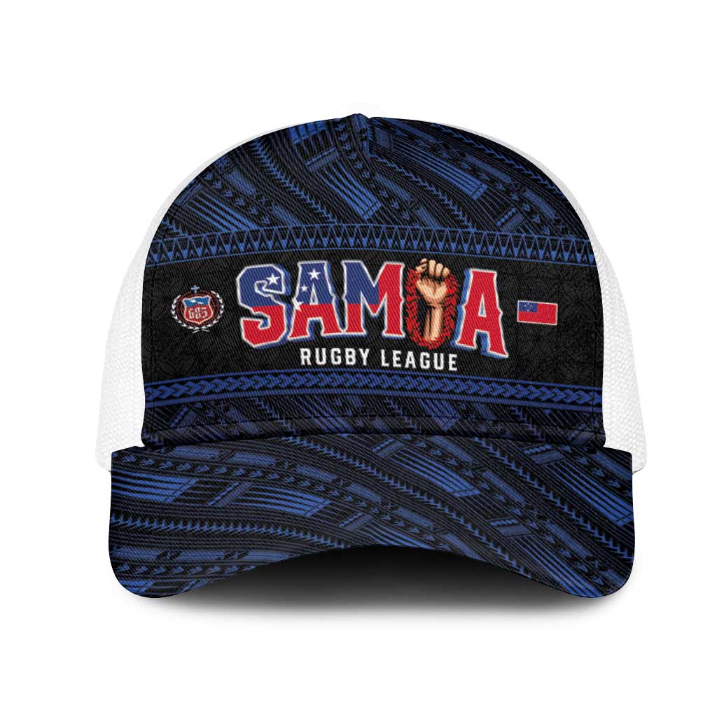 Toa Samoa Rugby Mesh Trucker Cap Siva Tau - Samoan Warriors Pacific Pattern LT03 One Size White Navy - Polynesian Pride