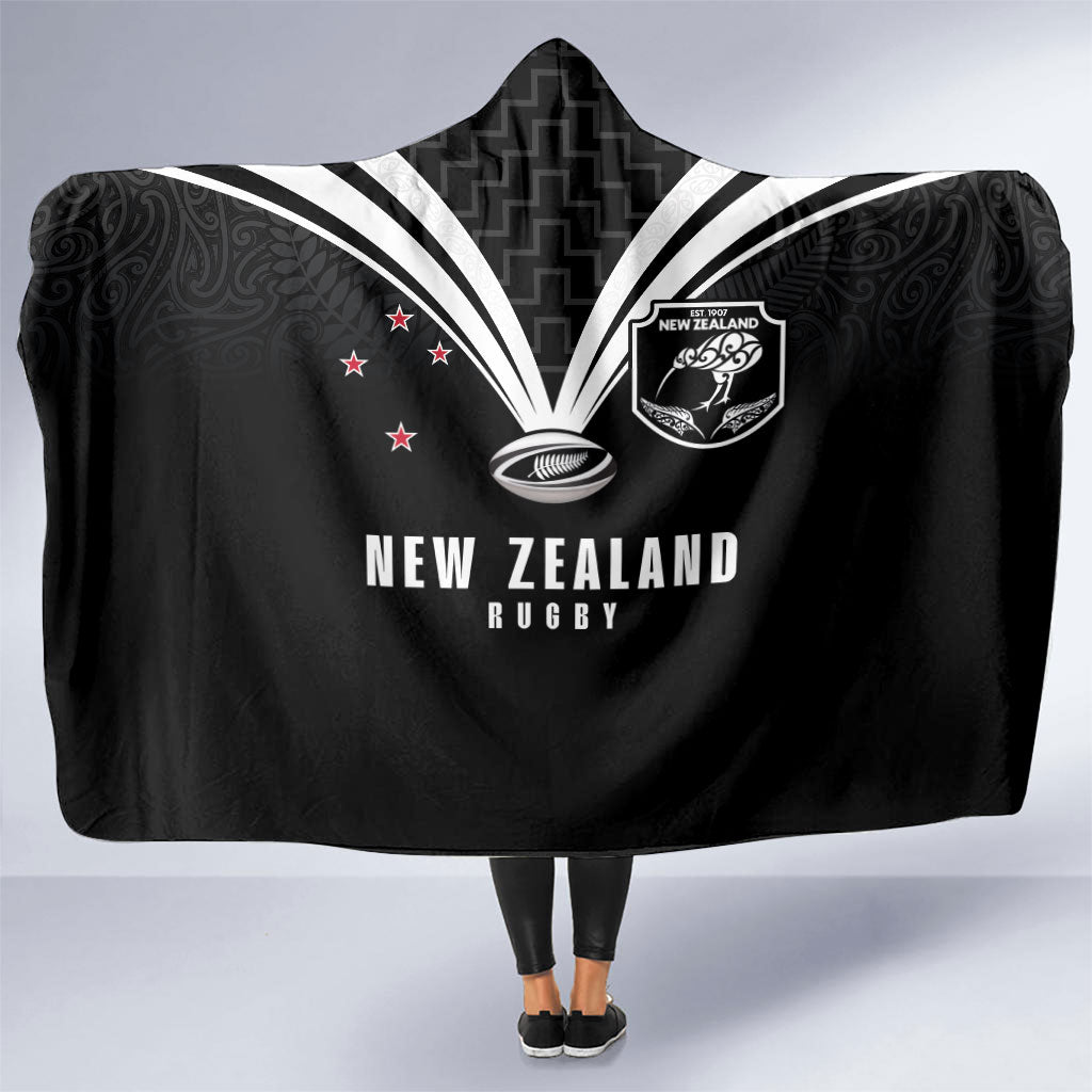 New Zealand Maori Rugby Hooded Blanket Aotearoa Tribal Motif Retro Concept LT03 One Size Black - Polynesian Pride