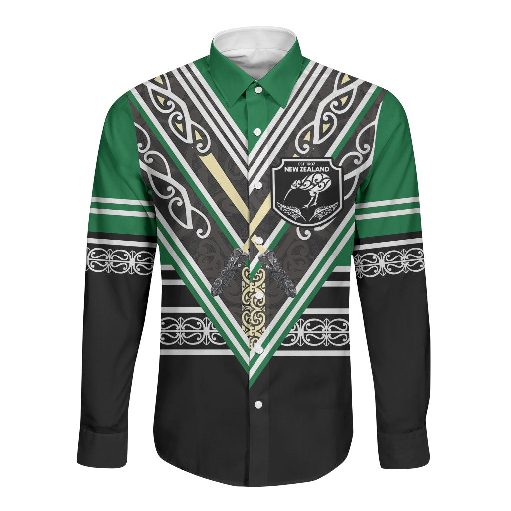 New Zealand Maori Rugby Custom Long Sleeve Button Shirt Aotearoa Koru Geometric - Naturalistic Green LT03 Unisex Green - Polynesian Pride