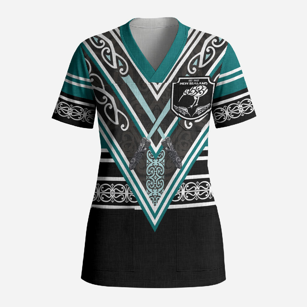 New Zealand Maori Rugby Custom Scrub Top Aotearoa Koru Geometric - Oceanic Color LT03 Adult Turquoise - Polynesian Pride
