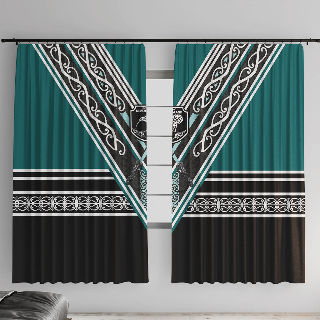 New Zealand Maori Rugby Window Curtain Aotearoa Koru Geometric - Oceanic Color LT03 With Hooks Turquoise - Polynesian Pride