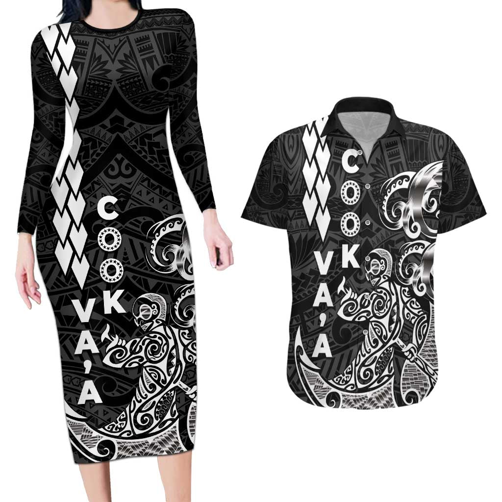 Cook Islands Vaa Polynesian Art Tattoo Couples Matching Long Sleeve Bodycon Dress and Hawaiian Shirt Black Color