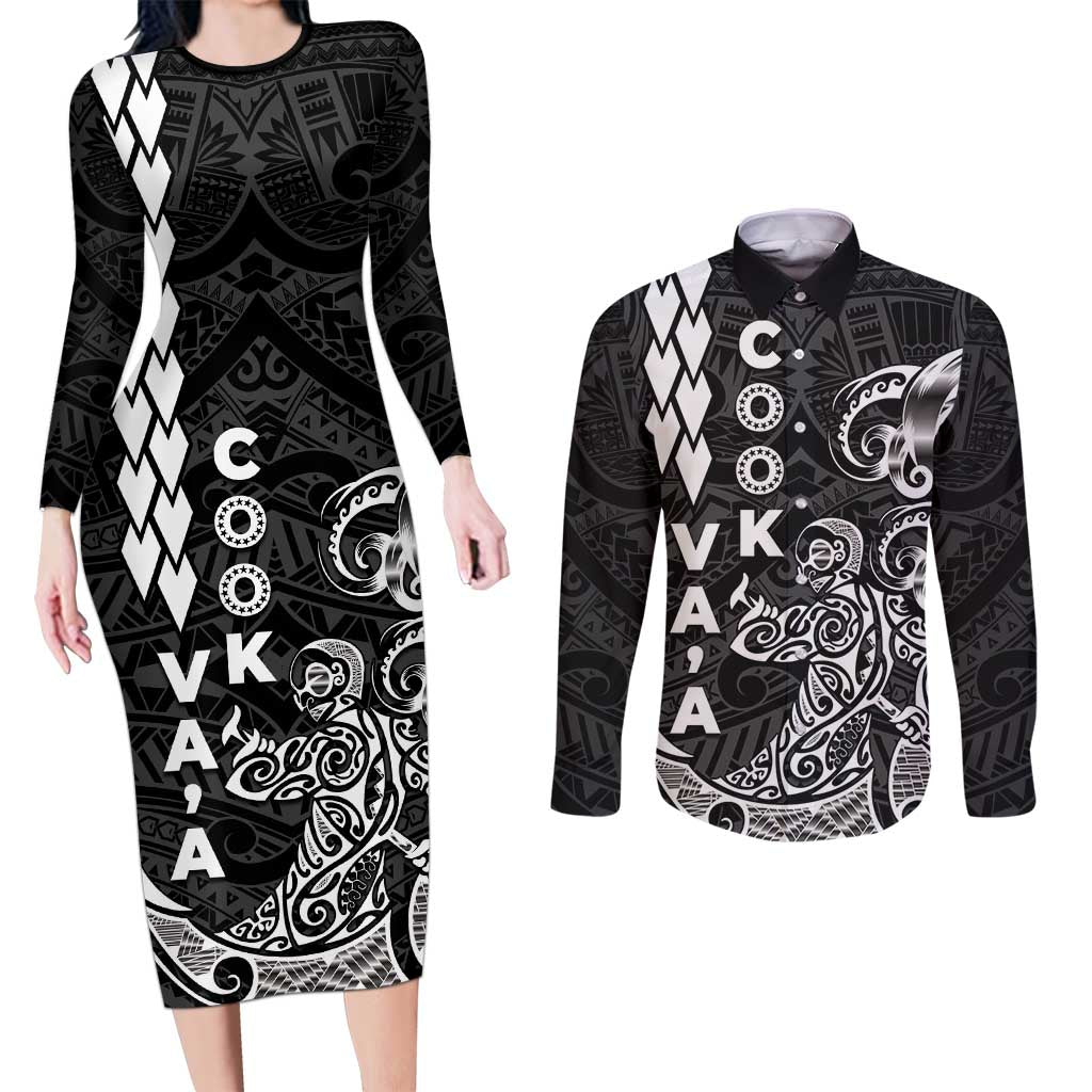 Cook Islands Va'a Polynesian Art Tattoo Couples Matching Long Sleeve Bodycon Dress and Long Sleeve Button Shirt Black Color LT03 Black - Polynesian Pride