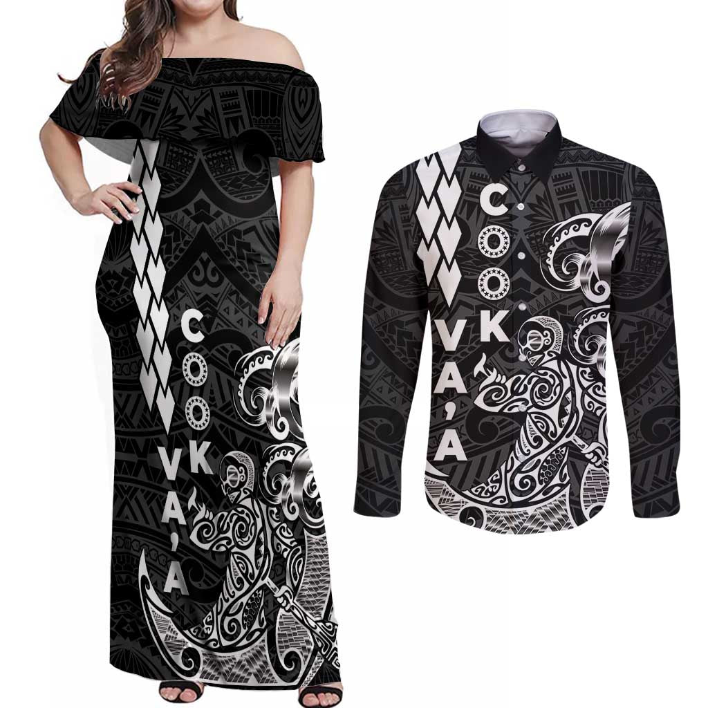 Cook Islands Va'a Polynesian Art Tattoo Couples Matching Off Shoulder Maxi Dress and Long Sleeve Button Shirt Black Color LT03 Black - Polynesian Pride