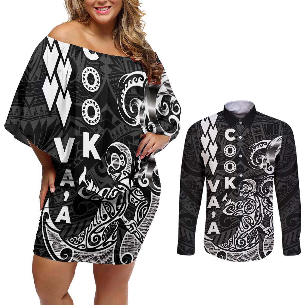 Cook Islands Va'a Polynesian Art Tattoo Couples Matching Off Shoulder Short Dress and Long Sleeve Button Shirt Black Color LT03 Black - Polynesian Pride