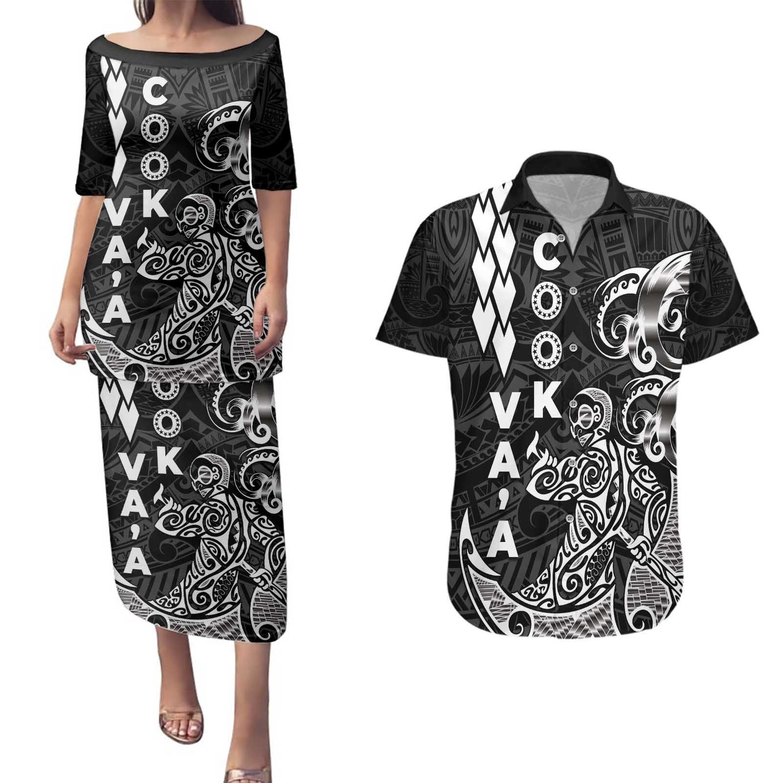 Cook Islands Va'a Polynesian Art Tattoo Couples Matching Puletasi and Hawaiian Shirt Black Color LT03 Black - Polynesian Pride
