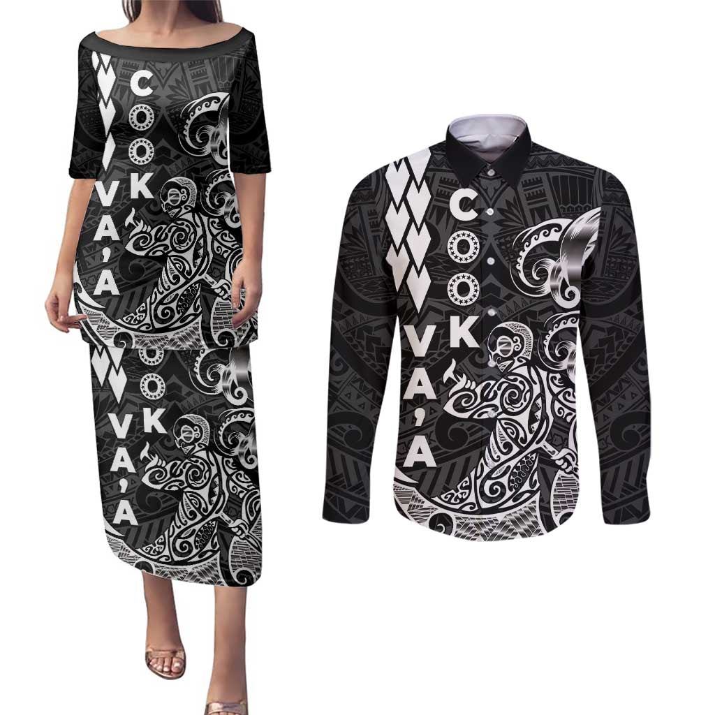 Cook Islands Va'a Polynesian Art Tattoo Couples Matching Puletasi and Long Sleeve Button Shirt Black Color LT03 Black - Polynesian Pride