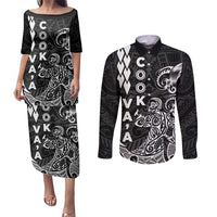 Cook Islands Va'a Polynesian Art Tattoo Couples Matching Puletasi and Long Sleeve Button Shirt Black Color LT03 Black - Polynesian Pride
