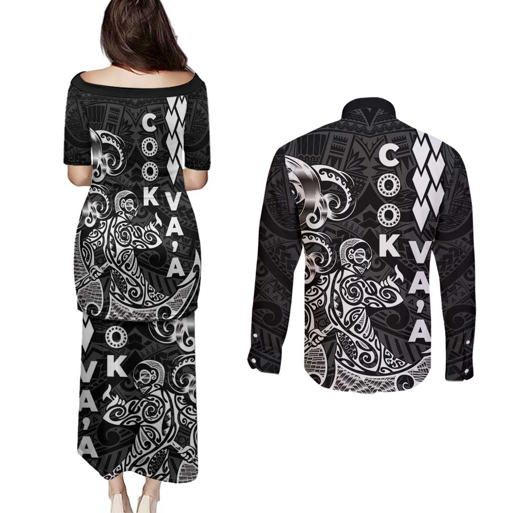 Cook Islands Va'a Polynesian Art Tattoo Couples Matching Puletasi and Long Sleeve Button Shirt Black Color LT03 - Polynesian Pride