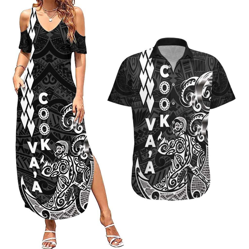 Cook Islands Va'a Polynesian Art Tattoo Couples Matching Summer Maxi Dress and Hawaiian Shirt Black Color LT03 Black - Polynesian Pride