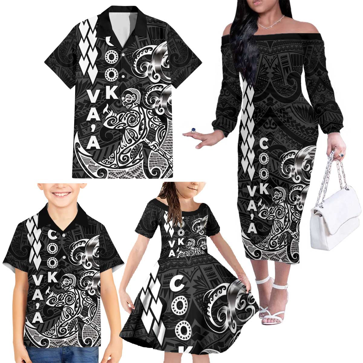 Cook Islands Vaa Polynesian Art Tattoo Family Matching Off The Shoulder Long Sleeve Dress and Hawaiian Shirt Black Color