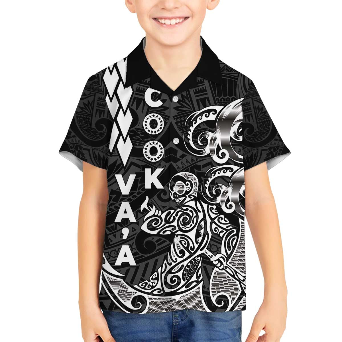 Cook Islands Vaa Polynesian Art Tattoo Family Matching Off The Shoulder Long Sleeve Dress and Hawaiian Shirt Black Color