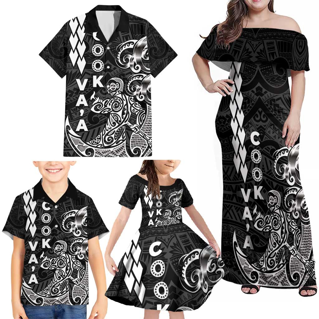 Cook Islands Vaa Polynesian Art Tattoo Family Matching Off Shoulder Maxi Dress and Hawaiian Shirt Black Color