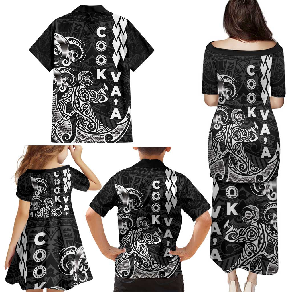 Cook Islands Vaa Polynesian Art Tattoo Family Matching Puletasi and Hawaiian Shirt Black Color