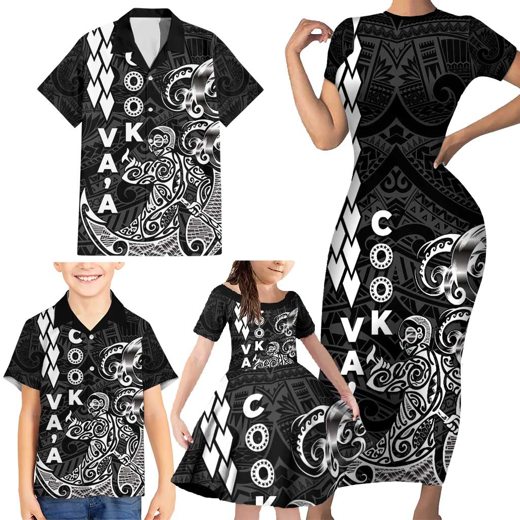 Cook Islands Vaa Polynesian Art Tattoo Family Matching Short Sleeve Bodycon Dress and Hawaiian Shirt Black Color